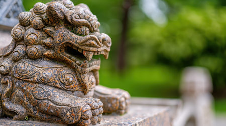 This stunning close-up captures an ancient stone lion sculpture, intricately carved and displayed against a lush, green outdoor backdrop, symbolizing guardianship and cultural heritage.の素材