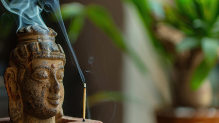 A detailed sculpture of a serene figure adorned with incense, emitting smoke in a calm indoor setting enriched by greenery, evoking peace and tranquility.の素材