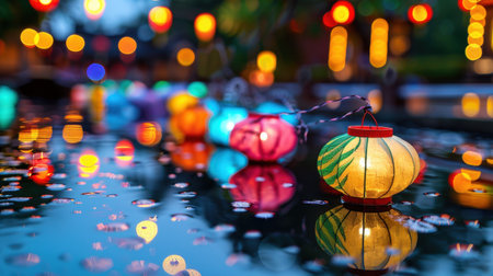 A beautiful nighttime scene featuring colorful lanterns floating on calm water, creating stunning reflections. Perfect for depicting festival ambiance and celebration.の素材