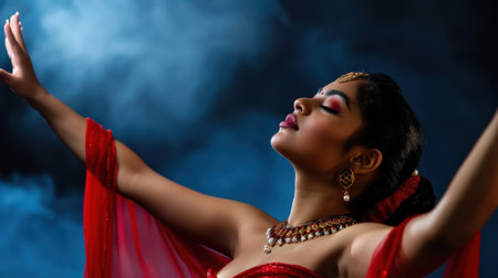 This stunning portrait captures a graceful dancer in striking red attire, embodying emotion and elegance. The soft smoky backdrop enhances her ethereal presence, inviting admiration.の素材