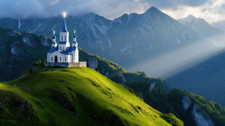 A stunning church perched atop a green hill, with majestic mountains in the background and radiant rays of light breaking through the clouds, creating a serene atmosphere.の素材