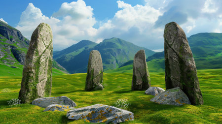 A captivating view of an ancient stone circle set in a vibrant green landscape, surrounded by majestic mountains and a beautiful sky.の素材