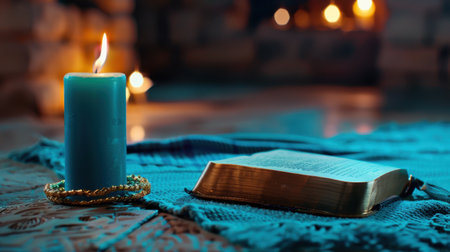 A serene scene featuring a blue candle casting warm light on an open book, creating a cozy spiritual atmosphere perfect for meditation and relaxation.の素材