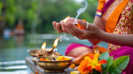 A serene scene depicting hands offering flowers and lighting lamps during a festival, capturing the essence of tradition and spirituality in a lush outdoor environment.の素材