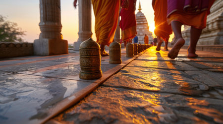 A serene scene capturing monks walking along a stone path at sunset, with the warm golden light illuminating the ancient temple's intricate architecture.の素材