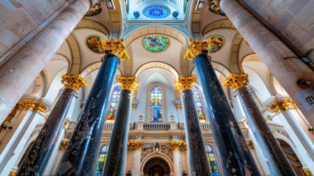 Explore the breathtaking interior of a grand cathedral showcasing majestic pillars and colorful stained glass, radiating peaceful spirituality and architectural beauty.の素材