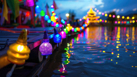Captivating scene of colorful lanterns glowing alongside water, creating a magical atmosphere during a lively evening celebration at an outdoor event.の素材