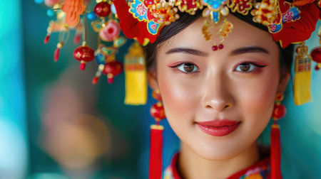 A stunning portrait of a woman in traditional attire showcasing an intricate headdress and elegant makeup. The vivid colors and details evoke cultural richness.の素材