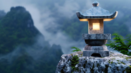 A serene stone lantern stands majestically on a rocky ledge, illuminating the misty mountainside. This tranquil scene captures the essence of nature and serenity at twilight.の素材