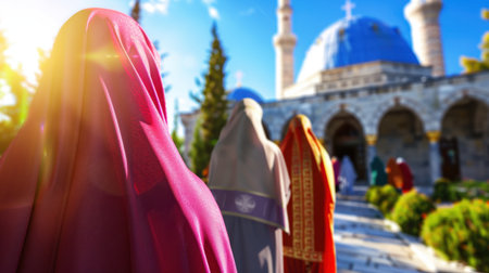 A group of women in colorful cloaks walks towards a stunning mosque under a bright blue sky. This image captures tranquility, tradition, and cultural pride.の素材