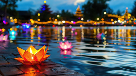 Captivating scene of colorful lotus lanterns floating gracefully on calm water during an evening festival. Decorative lights create a magical atmosphere.の素材