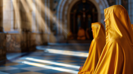 Two monks wearing bright yellow robes sit in peaceful meditation inside a historic chapel. Soft sunlight streams through arched windows, creating a serene atmosphere.の素材