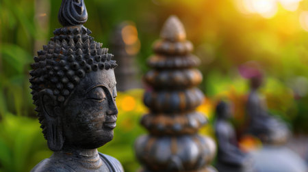 A serene Buddha statue set against a vibrant garden backdrop bathed in warm sunlight, creating a tranquil and peaceful atmosphere ideal for meditation.の素材