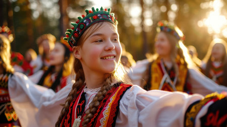 A joyful young girl wearing a vibrant traditional costume smiles while participating in a cultural festival. The sunlit forest creates a warm and enchanting atmosphere.の素材