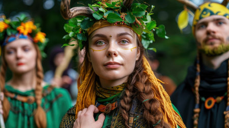 A captivating scene from a forest festival showcasing participants in vibrant nature-inspired costumes, adorned with flowers and greenery, celebrating tradition and creativity.の素材