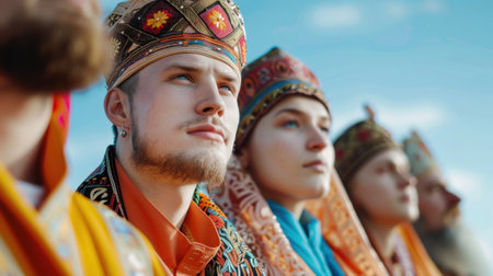 A captivating portrayal of young individuals dressed in vibrant traditional costumes with intricate headgear, showcasing cultural pride and unity against a serene blue sky.の素材