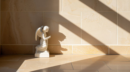 A beautiful angel sculpture rests against a textured stone wall, illuminated by natural light creating soft shadows. This minimalist scene evokes tranquility.の素材