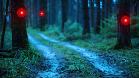 A serene forest path meanders through towering trees, illuminated by mysterious glowing red lights. The tranquil atmosphere invites exploration and adventure.の素材