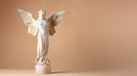 This striking sculpture represents a winged figure symbolizing victory. Set against a soft pastel background, it captures elegance and artistry in design.の素材