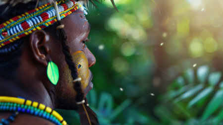 A striking portrait of an indigenous man wearing colorful jewelry and face paint, set against a vibrant jungle backdrop, representing cultural identity.の素材