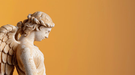 This image features a stunning angel statue in profile, showcasing intricate details against a warm orange background. Ideal for art decor.の素材