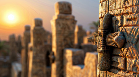 This captivating image features an ancient stone wall adorned with intricate carvings, set against a stunning sunset. Its rich textures and historical significance evoke a sense of wonder.の素材