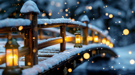 A beautiful snowy bridge adorned with glowing lanterns, surrounded by a tranquil winter landscape. Soft snowflakes fall gently, creating a serene atmosphere.の素材