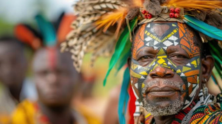 A traditional African man adorned with intricate face paint and a feathered headdress, captured during a vibrant cultural festival in nature.の素材