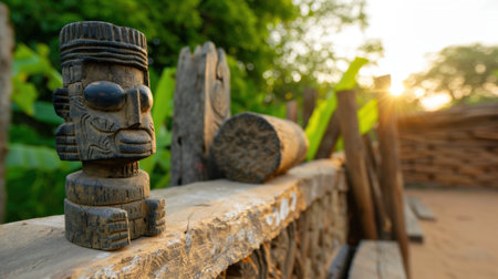 A stunning wooden tiki figure sits on a rustic tabletop, illuminated by the warm glow of sunset. Surrounded by lush greenery, this artwork embodies nature and craftsmanship, inviting reflection on cultural heritage and artistry.の素材