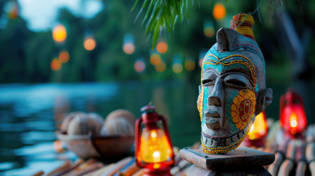 Capture the essence of tranquility with this serene lakeside scene showcasing a colorful mask beside glowing lanterns and lush greenery.の素材