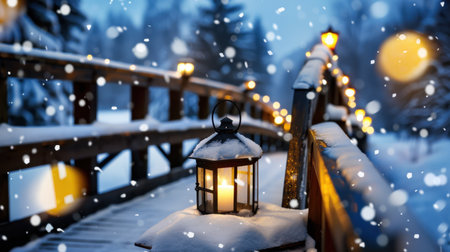 A serene winter evening scene featuring a glowing lantern on a snow-covered wooden bridge. Soft snowflakes drift through the air, enhancing the tranquil atmosphere.の素材