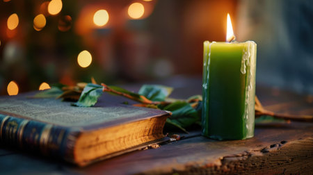 A serene composition featuring a green candle with melting wax beside an open book on a rustic wooden table, enveloped by soft bokeh lights that create a warm and inviting atmosphere for relaxation and meditation.の素材