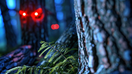 This captivating forest scene showcases glowing red eyes peering from the darkness, surrounded by lush greenery and textured tree bark, evoking mystery.の素材