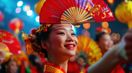 A joyful woman dances with a red fan at a vibrant cultural festival, surrounded by colorful decorations and a lively crowd, radiating happiness.の素材