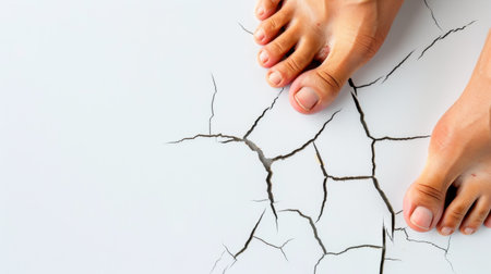 A close-up image of bare feet standing on a cracked surface, symbolizing vulnerability and grounding in a minimalist aesthetic. Ideal for wellness themes.の素材