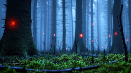 This captivating image showcases a mystical forest at twilight, where glowing orbs emerge from the mist and illuminate the tranquil surroundings.の素材
