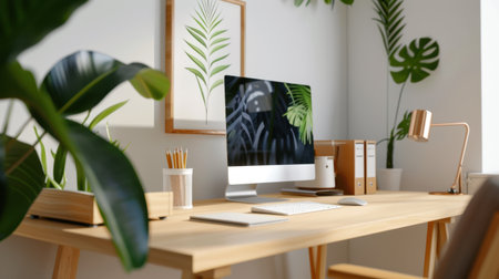 Chic home office setup featuring a stylish desk with a computer and vibrant plants. Ideal for those seeking an inspiring and productive workspace.の素材