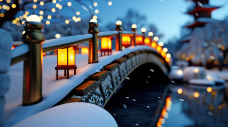 Discover a serene winter landscape featuring a beautifully crafted bridge adorned with glowing lanterns amidst snow-covered surroundings. The tranquil scene captures the magic of the evening, highlighting the reflection on the water and the festive atmosphere that enchants viewers.の素材