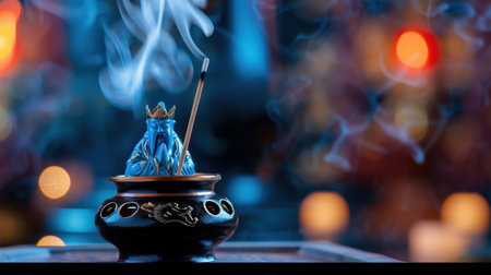 A striking blue elephant incense holder releases wisps of fragrant smoke against a colorful backdrop, creating a serene environment ideal for meditation and relaxation.の素材