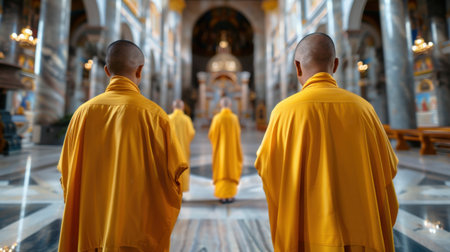 Two monks in yellow robes stand in a stunning temple, showcasing a tranquil atmosphere with intricate architecture and warm lighting, embodying spirituality.の素材