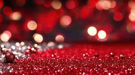 This stunning image features a glittering red and silver background adorned with soft bokeh lights, perfect for festive celebrations and holiday themes.の素材