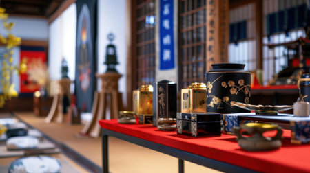 This image showcases a traditional Japanese tea ceremony setting, featuring elegant utensils and harmonious decor within an authentic interior space.の素材