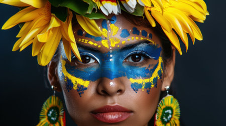 This stunning portrait captures a woman adorned with vibrant face paint and a floral crown, showcasing cultural beauty and artistic expression.の素材