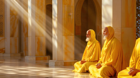 A tranquil scene depicting monks in yellow robes meditating quietly in a sunlit temple, showcasing a harmonious blend of light, color, and spirituality.の素材