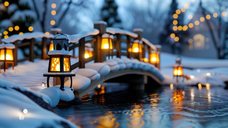 A picturesque winter scene showcasing a charming bridge adorned with glowing lanterns, surrounded by fresh snow and a serene body of water, evoking tranquility.の素材