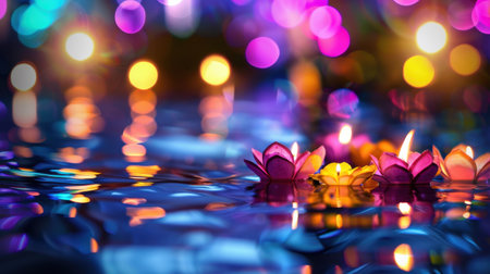A serene night scene featuring colorful lotus flowers and floating candles on a shimmering water surface, enhanced by a beautiful bokeh background.の素材