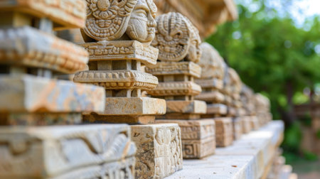 Close-up view of intricately carved stone sculptures on an ancient temple, showcasing remarkable craftsmanship amidst a serene and green environment.の素材