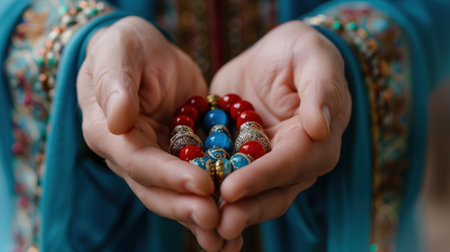 A close-up view showcasing hands gracefully holding vibrant beads. The beautiful decorative clothing enhances the cultural and artistic appeal, emphasizing where tradition meets elegance.の素材