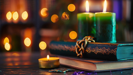 An enchanting still life composition showcasing green candles, a stack of books, and soft lighting, creating a cozy and mystical atmosphere perfect for relaxation and exploration.の素材