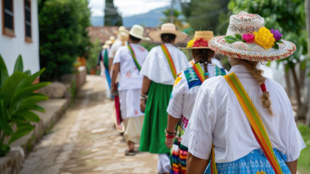 A vibrant scene of women wearing traditional attire adorned with colorful flowers, walking together in a joyful procession through a scenic village.の素材